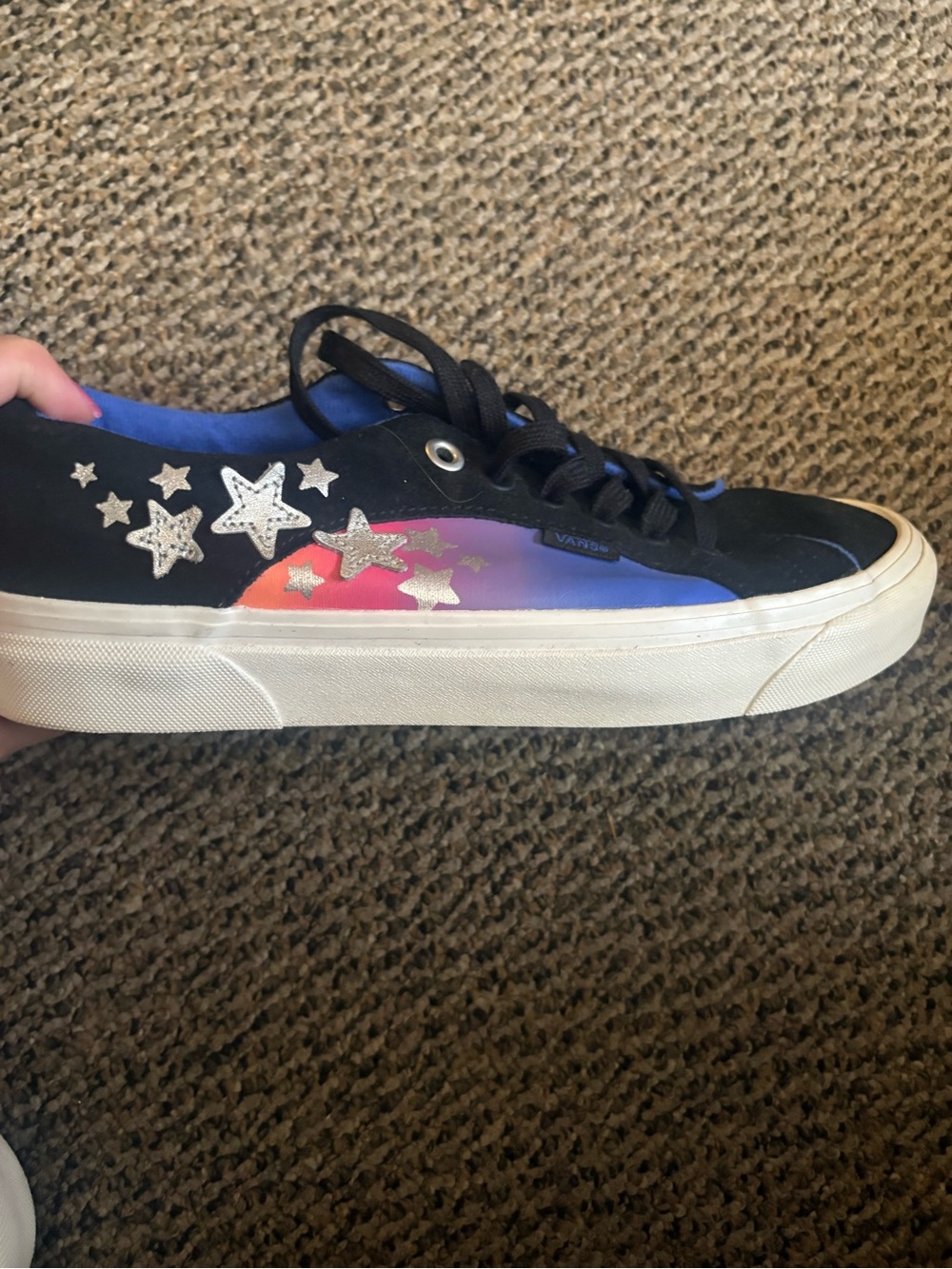 Vans Women's Black Sneakers with Silver Stars and Blue-Pink Gradient